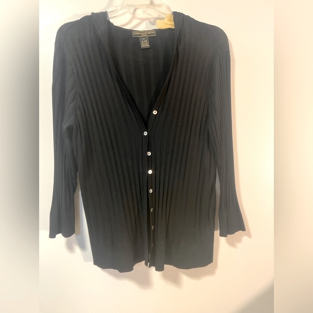 Linda Matthew’s Black Ribbed 3/4 Sleeve Button Down Hooded Cardigan Plus Size 2X